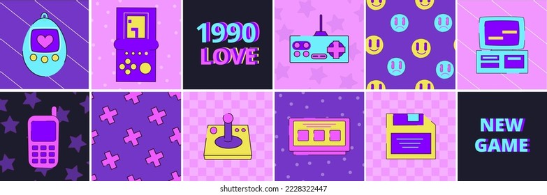 1990s geek stickers, windows elements. Neon 90s interface, retro pixel phone. bright patterns. vintage computer and gamepad. Tetris and boombox. Square background vector illustration recent set