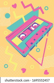1990s Geometric Pattern, Abstract Background, Audio Cassette, Trendy Colors and Shapes