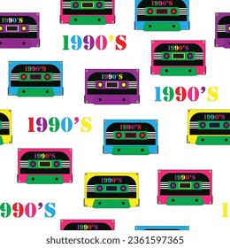 1990er Jahre: Wiederholen Sie mehrfarbige Audiokassette Nahtlos Wiederholmuster. Violett-gelb-rosa Blau. Trends 2023. SHOTLIST1990