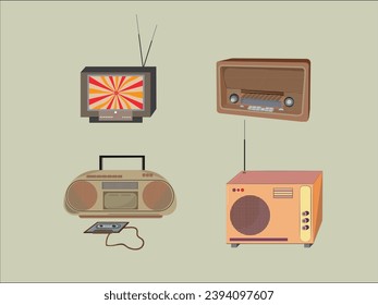 Televisión retro de los años 90, radiograma, reproductor de casetes y radio plano ilustrado con composiciones de color vintage  