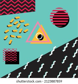 Un fondo de estilo de los años 90 con colores vibrantes y formas geométricas como triángulos, círculos, líneas de zigzag, líneas horizontales. los colores incluyen azul, rojo, amarillo y rosa