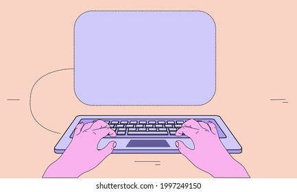 1990's style grunge cartoon laptop design with blank screen on pink background. Pink notebook computer mockup with empty pop-up window. Hands on keyboard. Vaporwave retro vector illustration.