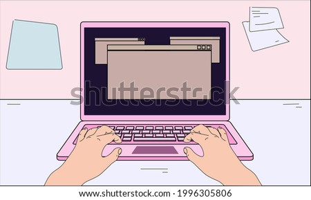 1990's style grunge cartoon laptop design with blank screen on pink and grey background. Pink notebook computer mockup with empty pop-up window. Hands on keyboard. Vaporwave retro vector illustration.