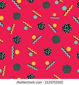 1990's type background seamless pattern made up of circles, straight and zigzag lines and bright vibrant color pallet