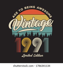 1991 vintage retro t shirt design, vector, black background