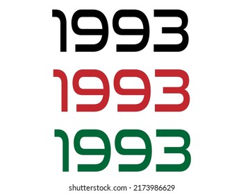 1993 year. Year set for comemoration in black, red and green. Vetor with background white.