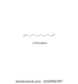 Estrutura esquelética de 1,9-decadieno. Ilustração esquemática do composto de Diene. Diagrama simples, fórmula química.