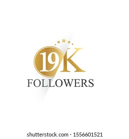 19K, 19.000 Followers celebration logotype. anniversary logo with golden and Spark light white color isolated on white background for social media - Vector