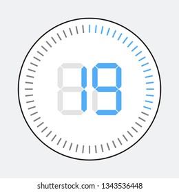 The 19minut, stopwatch vector icon, digital timer. Vector digital count down circle board with circle time pie diagram. Watch outline style design, designed for web and app.