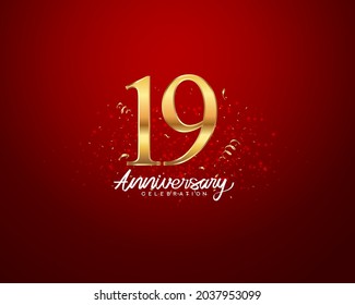 19. Jubiläum Hintergrund mit 3D-Nummer-Illustration goldene Zahlen und Jubiläum Feierungstext mit goldenem Konfetti auf rotem Hintergrund.