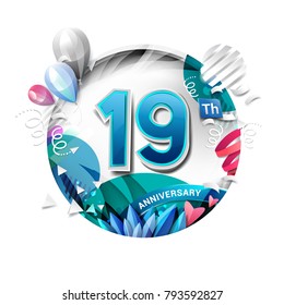 19th anniversary background with balloon and confetti on white. 3D paper style illustration. Poster or brochure template. Vector illustration.