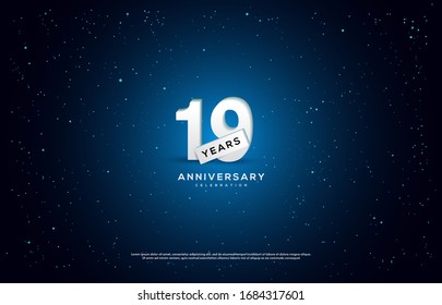 19th anniversary background with illustrations of white numbers and light effects on a blue background.