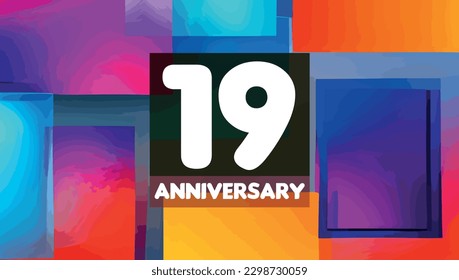 19th anniversary birthday celebration horizontal with colorful background lines and squares