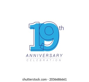 19th anniversary blue colored vector design for birthday celebration, isolated on white background