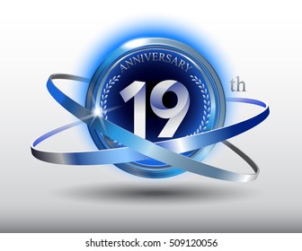 19th anniversary with blue ring and laurel on white background