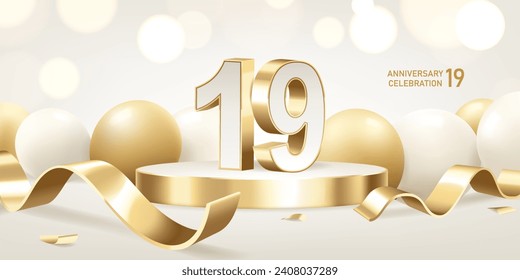 19th Anniversary celebration background. Golden 3D numbers on round podium with golden ribbons and balloons with bokeh lights in background.