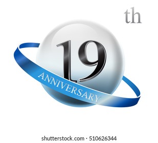 19th anniversary celebration with blue ring on white isolated background