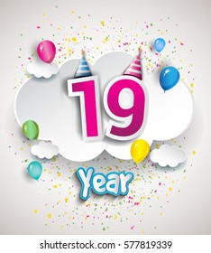 19th Anniversary Celebration Design, with clouds and balloons, confetti. Vector template elements for your, nineteen years birthday celebration party.
