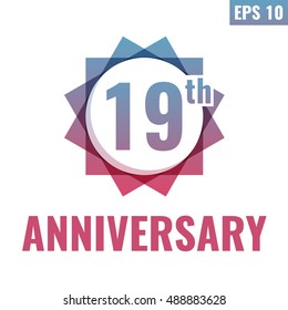 19th Anniversary celebration. Flat vector icon, logo design illustration on white background. Can be used for business company or for wedding agency.