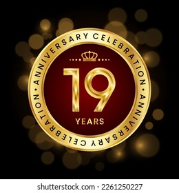 19th Anniversary Celebration. logo design with golden number and ring for birthday celebration event, invitation, greeting card, banner, poster, flyer, brochure, book cover. Logo Vector Template