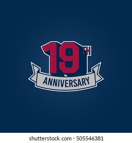 19th Anniversary Celebration Logo using 3d Number, Red Colored Isolated in Blue Background. Retro Style 