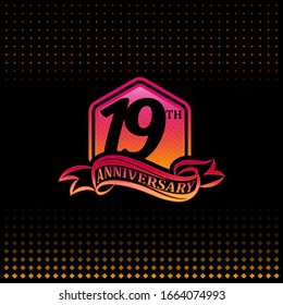 19th anniversary celebration logotype pink and yellow colored. 
nineteen years birthday logo on black background.