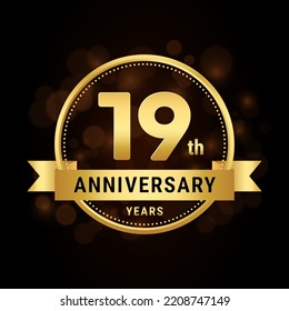 19th anniversary, anniversary celebration template design with gold ribbon. Logo vector illustration