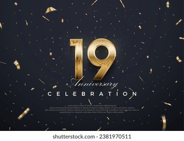 Celebración del 19° aniversario, diseño vectorial 3d con oro lujoso y brillante. Fondo vectorial premium para saludos y celebraciones.