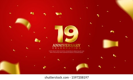 19th anniversary celebration vector red background. Golden numbers with shadow and sparkling confetti modern and elegant design for wedding party event decoration. Editable vector EPS 10