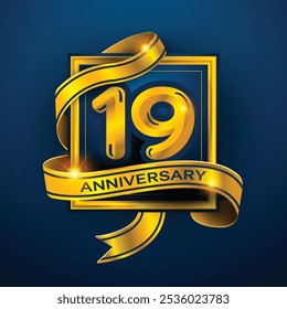 19th Anniversary diseña una cinta dorada envuelta alrededor del número '19' sobre un fondo azul oscuro. Perfecto para celebrar hitos o promover eventos de aniversario con un lujo.