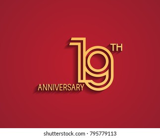 19th anniversary design logotype with line style golden color for celebration event isolated on red background