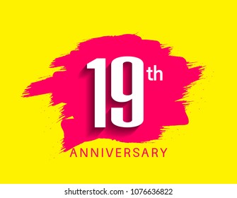 19th anniversary flat design pink brush on yellow background for celebration event 
