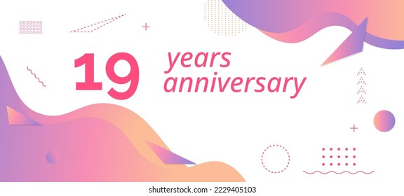 19th anniversary logo, birthday celebration. Vector design with colorful geometric background and circles shape.