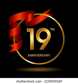 19th Anniversary logo. Anniversary celebration template design with golden ribbon for booklet, leaflet, magazine, brochure poster, banner, web, invitation or greeting card. Vector illustrations.