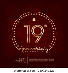 Logo del 19º aniversario con número de línea doble y texto dorado para celebración de cumpleaños, invitación, afiche de pancartas, volante y tarjeta de saludo, plantilla de vector