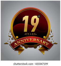 19th anniversary logo with gold circle badge. Anniversary signs illustration. Gold colors anniversary logo with circle ring