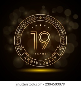 19th anniversary logo with golden laurel wreath and double line numbers, template design for anniversary celebration event, double line style vector design