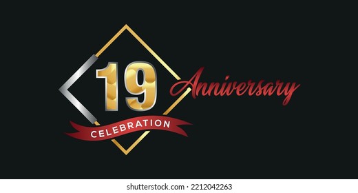 19th anniversary logo with golden and silver box, confetti and red ribbon isolated on elegant black background, vector design for greeting card and invitation card
