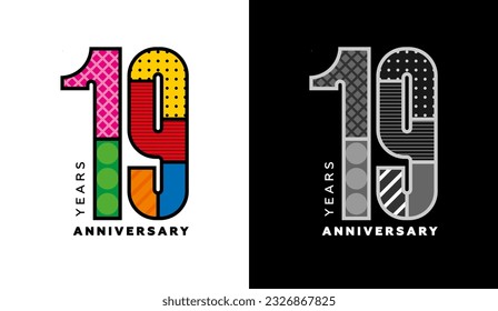 conjunto de logotipos para 19 años, insignia para 19 años, logo colorido para eventos de vacaciones, invitación, felicitaciones, plantilla web, volante y folleto, símbolo retro, logotipo de color