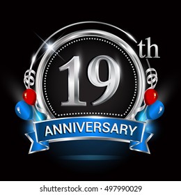 19th anniversary logo with silver ring,balloons and blue ribbon. Vector design template elements for your birthday celebration.
