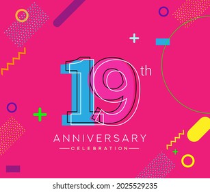 19th anniversary logo, vector design birthday celebration with colorful geometric background.
