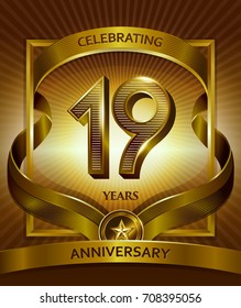 19th anniversary logo. Vector and illustration shiny gold ribbon