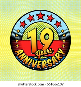 19th anniversary logo. Vector and illustrations. Comics anniversary logo.