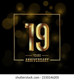 19th Anniversary logotype. Anniversary celebration template design with golden ring for booklet, leaflet, magazine, brochure poster, banner, web, invitation or greeting card. Vector illustrations.