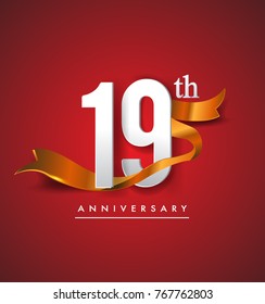 19th anniversary logotype with golden ribbon isolated on red elegance background, vector design for birthday celebration, greeting card and invitation card.