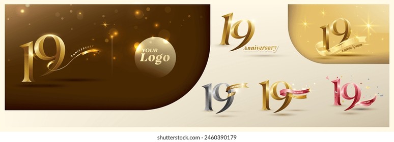 19th anniversary logotype modern gold number with shiny ribbon. alternative logo number Golden anniversary celebration