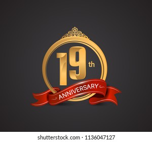 19th anniversary logotype style design luxury  golden color and ornament with warp red ribbon for company celebration event