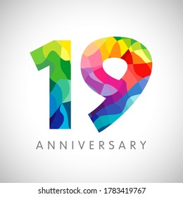 19th anniversary numbers. 19 years old logotype. Bright congrats. Isolated abstract graphic design template. Creative 1, 9 sign 3D digits. Up to 19%, -19% percent off discount. Congratulation concept.