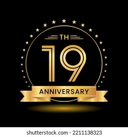 19º Aniversario, diseño perfecto de plantillas para la celebración del aniversario con color oro para folletos, folletos, revistas, afiche de folletos, web, invitación o tarjeta de saludo. Plantilla de vector
