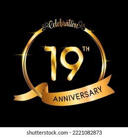 19th Anniversary. Perfect template design for Anniversary celebration event with gold color ribbon and ring, vector illustration